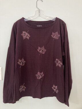 Talbots Womens XL Burgundy Long-Sleeve Cotton Shirt With Beaded Leaf Embroidery